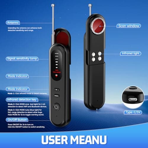 Hidden Camera Detector Spy Camera Finder,Bed Bug Hidden Camera Detectors for Hotels,RF Detectors for Travel,GPS Tracking/Tracker Device Detector for Car,5 Levels Sensitivity 3 Modes
