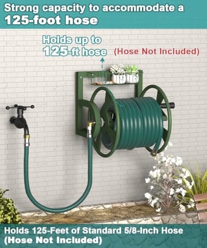 Garden Wall Mounted Hose Reel, Outdoor Heavy-Duty Water Hose Holder Winder, Holds 125 Feet of 5/8-Inch Hose, with 3.9 ft Leader Hose, Brass Fitting and Storage Basket for Yard, Green