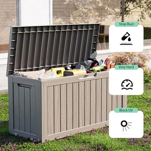 ROJIK Outdoor Storage Housing Deck Box - Waterproof Patio Furniture, Garden Tools, Cushions, Pool Accessories Storage Bench with Lockable Lid and Side Handles (Grey 75 Gal)