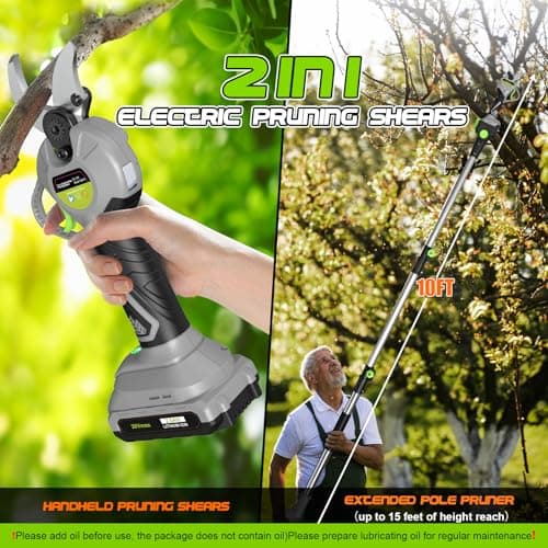 2 In 1 Pole Pruning Shears Cordless (2025 Upgraded), Electric Pruning Shears with LCD Display,1.5-2 Inch Cutting Diameter Pole Pruners for Tree Trimming, with 2 Pack 2.0Ah Batteries and Goggles