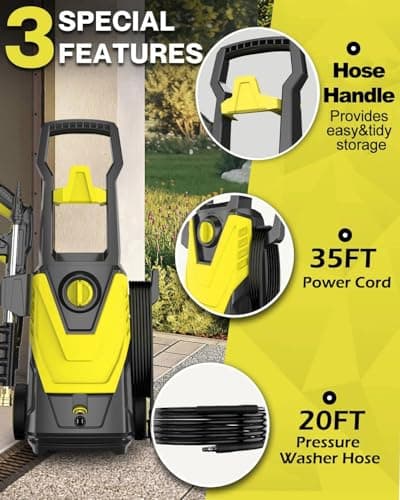 AgiiMan Electric Pressure Washer, 4800PSI Max 3.2GPM Power Washer Electric Powered with 20FT Hose, 4 Nozzles, Foam Cannon, High Pressure Cleaner Machine for Cars, Patios, Driveways, Fences, Yellow