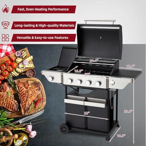 4-Burner Propane Gas Grill with Side Burner, Stainless Steel Spice Rack 542 Sq.In BBQ, 45,000 BTU Portable Propane Grill Output for Outdoor Cooking Kitchen, Barbecue Garden Patio Backyard