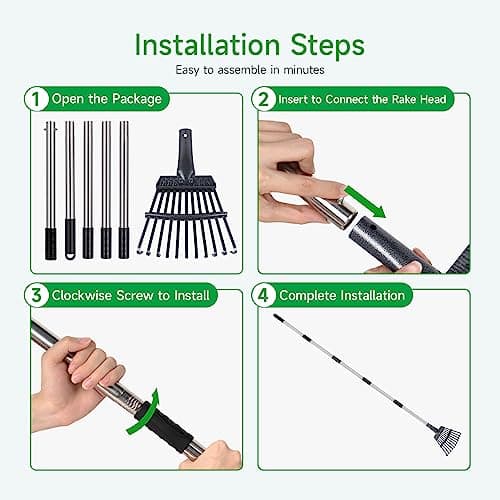 GreatBuddy Adjustable Leaf Rake, 8'' Wide Metal Rake, Perfect for Shrub, Flower Bed & Small Area, 29''- 72'' Expandable Stainless Steel Handle, Easy to Use
