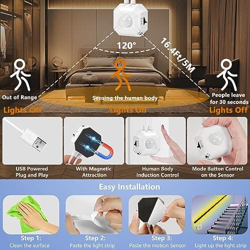 HOUHUI Motion Sensor Light Indoor Under Bed Lights, 16.4Ft Dimmable Motion Activated LED Strip Lights for Bedroom, Warm White USB Under Cabinet Lights Motion Sensor LED Strip for Kitchen Stair Closet
