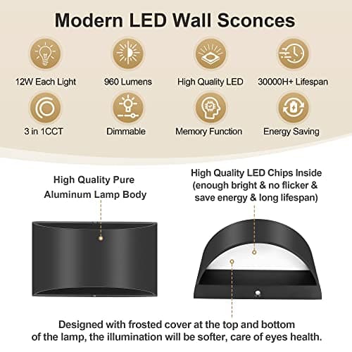 TRLIFE Modern Wall Sconces, 3000K/4000K/6000K Selectable and Dimmable LED Wall Sconce 12W Aluminum Wall Mounted Light Set of 2 Hardwired Wall Sconces for Bedroom Bedside Living Room Hallway(Black,2P)