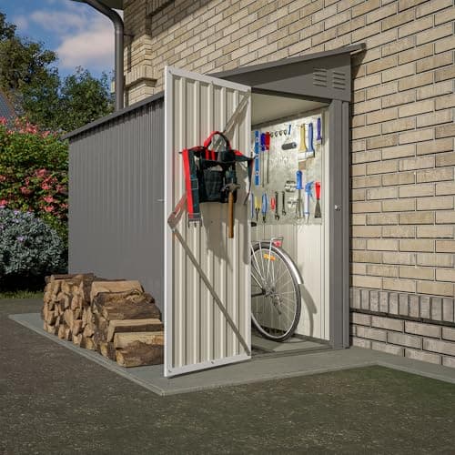 4x8 FT Outdoor Storage Shed with Floor,Lean to Metal Shed W/Lockable Door,All Weather Waterproof Garden Tool House W/ 2 Air Vents,for Backyard,Patio,Lawn,Garden,Gray
