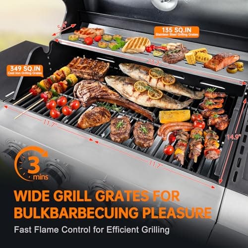 4 Burner Propane Gas Grill with Side Burner, Stainless Steel BBQ Grill 48,500 BTU for Outdoor Cooking Kitchen, Garden and Patio Backyard Barbecue, Black and Silver