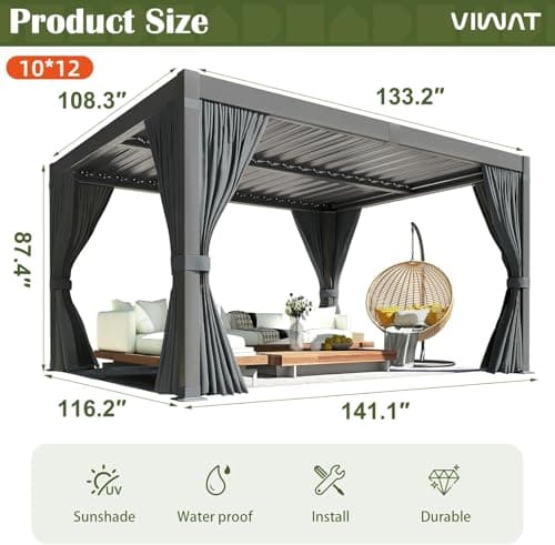 Aluminum 10x12 FT Louvered Pergola, Outdoor Pergola with Adjustable Louvered Roof Outdoor Patio Shade Cover, Waterproof & Rustproof Aluminum Gazebo for Backyard and Garden, Gray