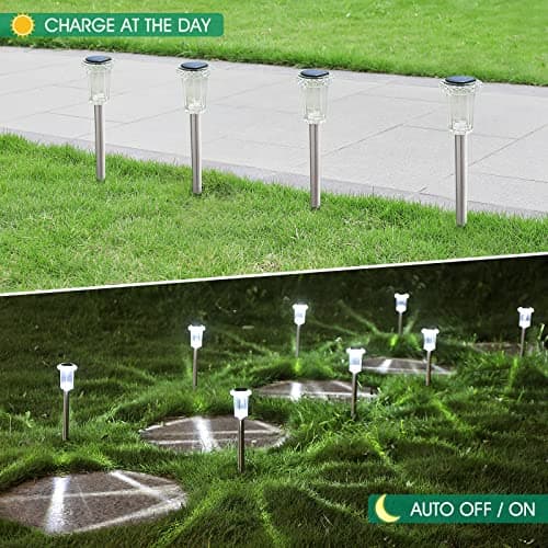 Solar Outdoor Lights, 10 Pack Waterproof Stainless Steel Solar Stake Lights for Pathway Garden Yard Path Walkway Driveway Lawn Patio Outside Decor, Cool White