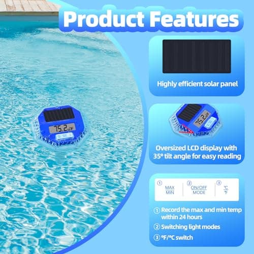 Solar Digital Pool Thermometer Floating Easy Read, Solar Pool Temperature Thermometer with Dynamic Light Show, Large LCD Screen & IP68 Waterproof Pools Water Temperature Guage for Hot Tub,Spa