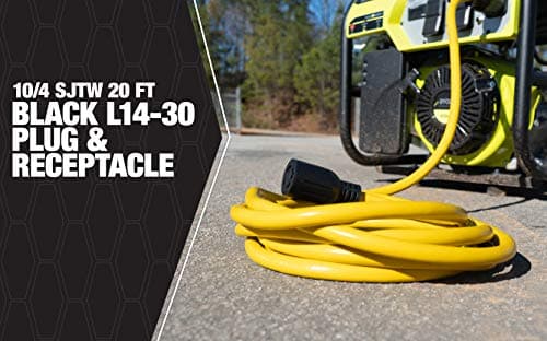 Southwire 65172840 20-Foot 30Amp Generator Cord; 10-Gauge Heavy Duty Electrical Power Cable with L14-30 Locking Plug; 125V / 250V; Yellow; Feet; Black