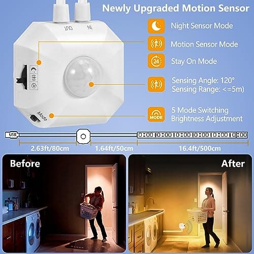 HOUHUI Motion Sensor Light Indoor Under Bed Lights, 16.4Ft Dimmable Motion Activated LED Strip Lights for Bedroom, Warm White USB Under Cabinet Lights Motion Sensor LED Strip for Kitchen Stair Closet