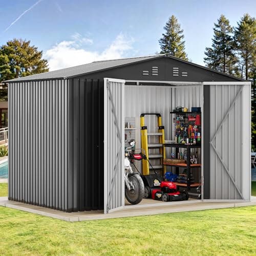 DWVO 9x6 FT Outdoor Storage Shed with Ventilation Windows, Utility Tool Shed Metal Storage Garden Shed with Door & Lock for Bike Storage, Waterproof Trash Shed for Backyard Garden Patio, Dark Dray