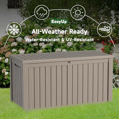 150 Gallon Outdoor Storage Box, Resin Waterproof UV-Resistant Deck Box with Hydraulic Lid Support, Reinforced Stability for Patio, Garden, and Poolside, Striped Beige