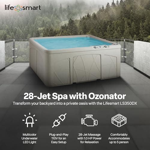 Lifesmart 5-Person Hot Tub, Portable Outdoor Spa w/LED, Waterfall, Cover & Ozonator, Sand