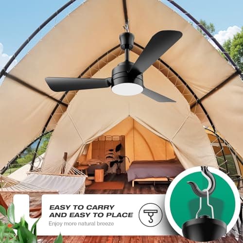 Ceiling Fans with Lights,28" LED Fan Light Hanging with Hook,Hook Type Ceiling Fan,Plug in Ceiling Fan Light,35W,3000-6500k,Remote Control,Portable Fan for Camping Bed,Patios,(Black)