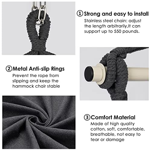 Y- Stop Hammock Chair Hanging Rope Swing Chair, Max 500 Lbs, 2 Seat Cushions Included, Removable Steel Spreader Bar with Anti-Slip Rings, Hardware kit-for Indoor or Outdoor(Dark Grey)