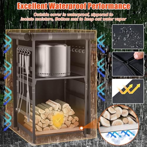 Storage Station 4.5ft for Solo Stove Yukon, Bonfire, Ranger and other Fire Pit Stove, Firewood Storage Cabinet with Waterproof Cover, Adjustable Firewood Rack for logs and Fire Pit Accessories