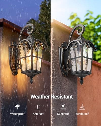 DEWENWILS Outdoor Wall Light Fixtures Wall Mount, Black Roman 17.7" H Exterior Wall Lantern, Anti-Rust & Waterproof, Water Ripple Glass, Outside Wall Sconce Porch Light for House, Garage