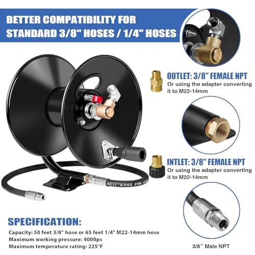 Heavy Duty Power Washer Hose Reel - 50ftx3/8' / 65ftx1/4', M22-14 Fitting, Wall/Trailer/Van Mount, Manual Crank