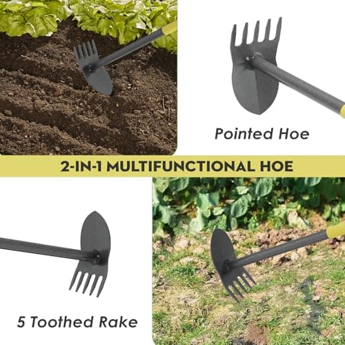 Garden Hoe, 17 to 45 Inch Hoe Garden Tools with Adjustable Handle Length, 2 in 1 Weeding Tool with 5 Tooth Rake, Hoe Garden Tool for Loosening Soil, Planting, Weeding