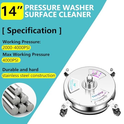 14" Pressure Washer Surface Cleaner with 4 Wheels-Stainless Steel Power Washer Accessories for Concrete Driveways Sidewalks Patios Cleaning (14 INCH Silver)