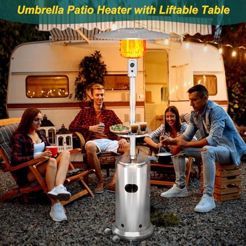 Stainless Steel Propane Patio Heater,48000BTU Outdoor Gas Heater with Ignition Systems and Wheels, Deck Heater for Backyard Garden Restaurant Cafes,Double-Layer Burner,Cover Up 200 Sq.ft