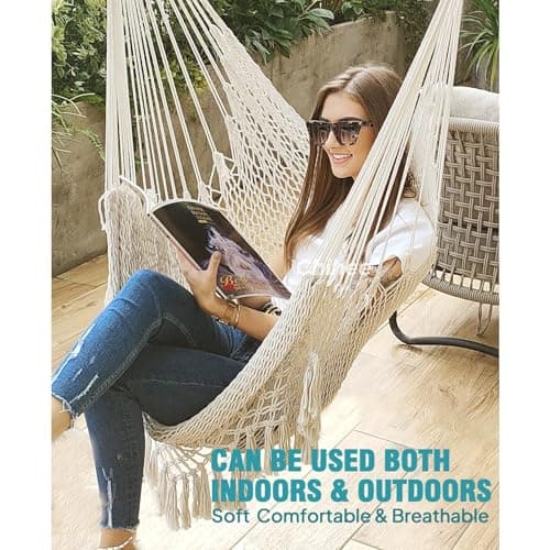 Chihee Hammock Chair Super Large Hanging Chair Soft-Spun Cotton Rope Weaving Chair, Collapsible Strong Metal Spreader Bar Wide Seat Lace Stretch Swing Chair Indoor Outdoor Garden Yard Theme Decoration