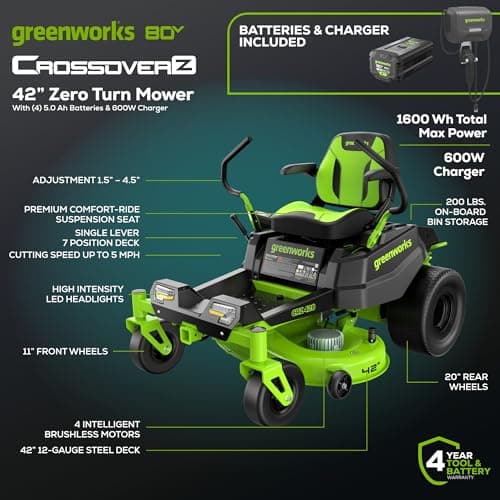 Greenworks 80V 42" CROSSOVERZ Zero Turn Lawn Mower, (4) 5.0Ah Batteries and (600W) Plug in Charger