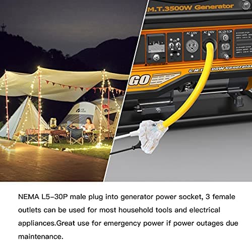 30 Amp to 110 Adapter Generator Power Cord, 3 Prong 30 Amp to 15 A Generator Adapter, Nema L5-30P Male Twist-Lock Power Plug to 3X 5-20R/5-15R 3-Way Outlet Female with Light Indicator