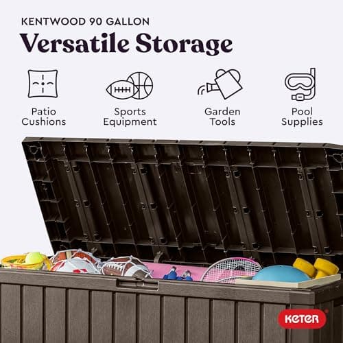 Keter Kentwood 92 Gallon Resin Deck Box-Organization and Storage for Patio Storage Box Outdoor Cushions, Throw Pillows, Garden Tools and Pool Floats, Brown