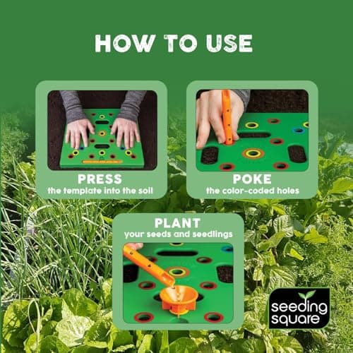 Seeding Square - Patented Seed and Seedling Spacer Tool for Bigger Harvests, Organized Plants & Fewer Weeds – Color-Coded Gardening Template with Magnetic Dibber, Ruler & Planting Guide