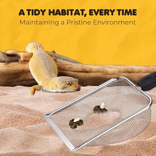 SunGrow Cat, Reptile Sand Scoop, Stainless Steel Fine Mesh Net for Lizard, Gecko, Snake Habitat, Substrate and Gravel Sifter, Black Non-Slip Handle Sifter, 11” x 4” x 2”, 1 Pc