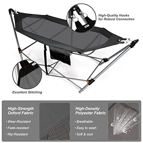 Portable Folding Hammock w/Side Pocket, Lounge Camping Bed w/Metal Stand & Anti-tip Buckles, Outdoor Camping Hammock with Carrying Bag for Patio Garden Yard, Easy Assembly (Grey)