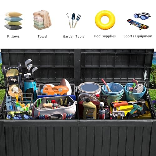 YITAHOME 180 Gallon Large Outdoor Storage XL Deck Box w/Divider for Patio Furniture,Outdoor Cushions, Garden Tools, Sports Equipment and Pool Supplies, Waterproof, Resin, Lockable, Black