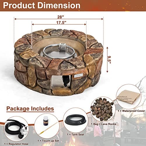 Tangkula 28 Inch Round Propane Gas Fire Pit, Patiojoy 40,000 BTU Stone Look Outdoor Propane Fire Pit with Lava Rocks & PVC Cover, Faux Stone Gas Fire Pit Table for Patio, Courtyard, Garden (Brown)