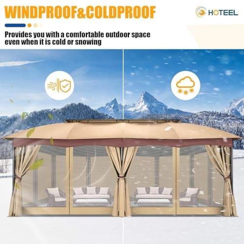 HOTEEL Gazebo 12x20, Outdoor Gazebo on Clearance with Double Ventilated Arc Roof, Privacy Curtains & Mosquito Netting, Easy Set up Canopy Tent with Stable Metal Frame for Patio, Khaki (Upgraded 2.0)