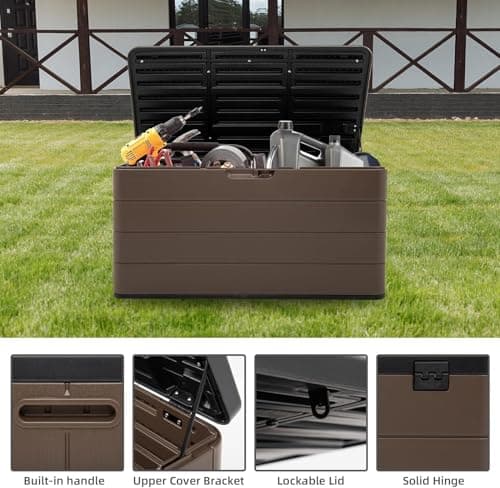 100 Gallon Elegant Pro Edition Lockable Resin Deck Box, Waterproof & UV-Resistant Outdoor Storage Box for Outdoor Cushion Storage, Tools Storage and Outdoor Delivery, Coffee