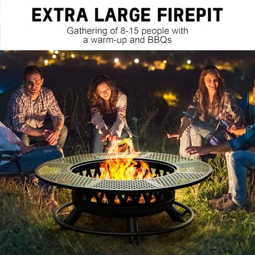 47 Inch Fire Pit with 2 Grills, Outdoor Extra Large Firepits for Outside, Wood Burning Fireplace for Camping,Picnic,Bonfire, 3-in-1 Round Metal Table with Lid for Backyard,Patio,Party