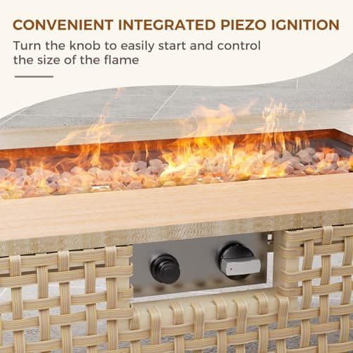 Grand patio 9-Piece Patio Furniture Set with 47" Fire Pit Table, Outdoor Conversation Set & 50,000 BTU 47 Inch Rectangle Propane Fire Pit & Storage Box with Water Resistant Thick Cushions, Beige