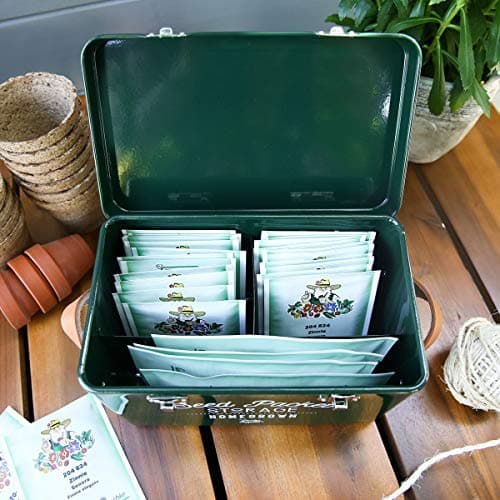 Burgon & Ball Seed Packet Storage Box Container Tin in Frog Green with Inside Dividers for Organization with Lid, Side Handles and Latches