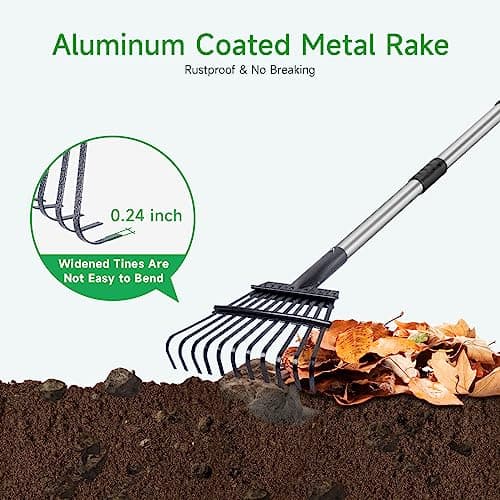 GreatBuddy Adjustable Leaf Rake, 8'' Wide Metal Rake, Perfect for Shrub, Flower Bed & Small Area, 29''- 72'' Expandable Stainless Steel Handle, Easy to Use