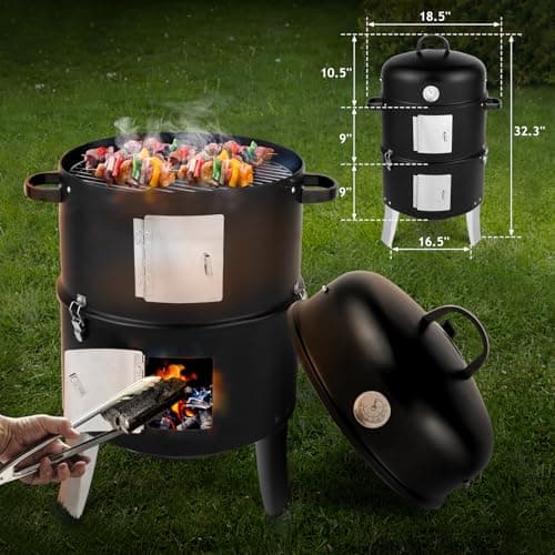 Outvita Vertical 18.5 Inch Steel Charcoal Smoker, Heavy Duty 3-in-1 Portable Outdoor Grill Cooker with Built-in Thermometer for Outdoor Backyard Cooking Grilling Camping