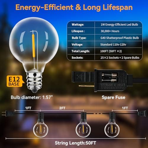 100ft Outdoor String Lights Waterproof/Connectable/Dimmable with 52 LED Shatterproof Bulbs,2-Pack 50ft UL Listed Globe G40 String Lights Outside Lighting for Patio Backyard Cafe Party Wedding Garden