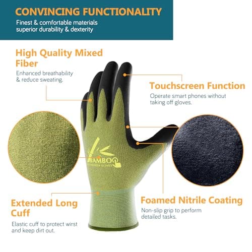 COOLJOB 2 Pairs Gardening Gloves for Women and Men, Bamboo Working Gloves Touchscreen, Grippy Nitrile Rubber Coated Work Gloves, Green/Black, X-Large Size (2 Pairs XL)