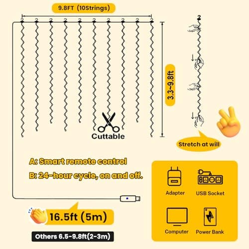 HXWEIYE 300LED Fairy Curtain Lights, 9.8x9.8Ft Warm White USB Plug in 8 Modes Christmas String Hanging Lights with Remote for Bedroom, Indoor, Outdoor, Weddings, Party