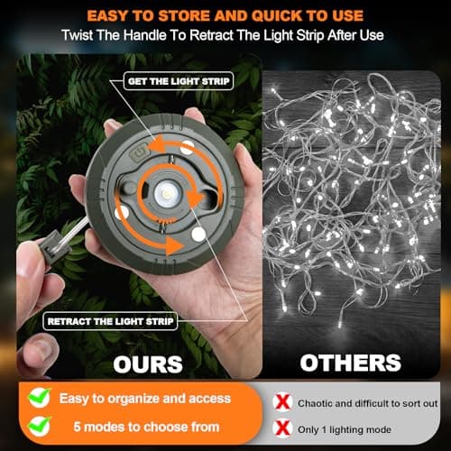 Camping String Lights 32.9FT/10 M, Rollable Camping String Lights, 8 in 1 Portable Rechargeable LED Fairy Lights, USB for Hiking Travel AWN Tent Yard Garden Decoration and Holiday Gift