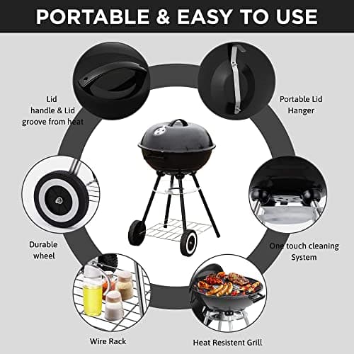 22 Inch Portable Charcoal Grill with Wheels for Outdoor Cooking Barbecue Camping BBQ Coal Kettle Grill - Heavy Duty Round with Thickened Grilling Bowl Wheels for Small Patio Backyard