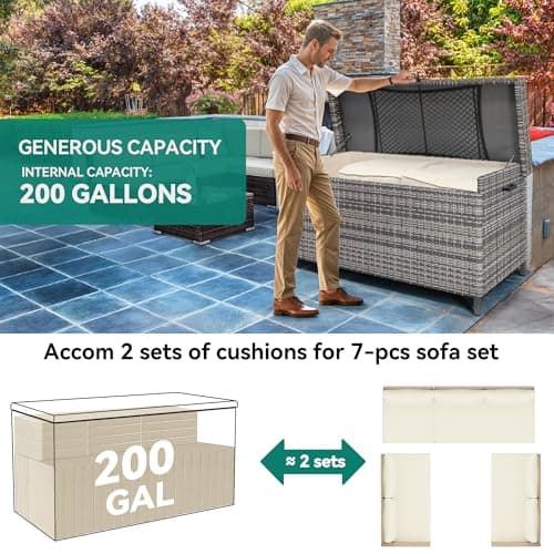YITAHOME 200 Gallon Large Wicker Deck Box w/Storage Net, Rattan XL Outdoor Storage Box Patio Cushion Storage, Waterproof Storage Box for Patio Furniture, Garden Tools, Pool Sports Equipment (Grey)