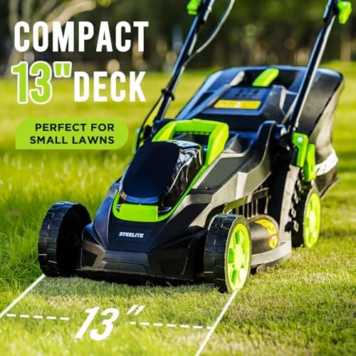 Steelite 13.2” Electric Lawn Mower for Small Yards - 2-in-1 Compact, Lightweight Brushless Motor, 21V 4.0Ah Battery & Charger Included, Green